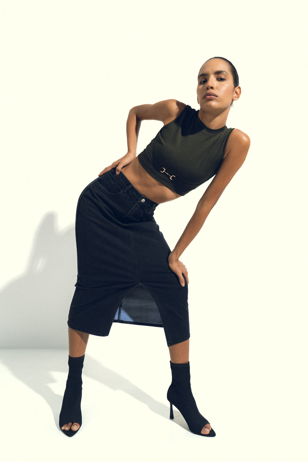 BLACK DENIM MIDI SKIRT WITH SLIT