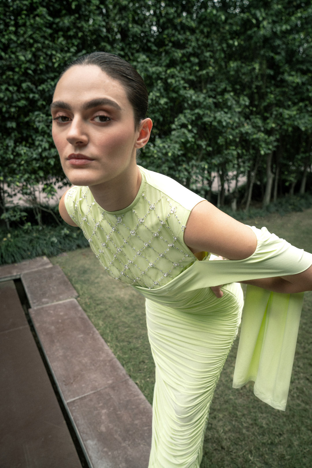 PASTEL LIME DRAPED GOWN