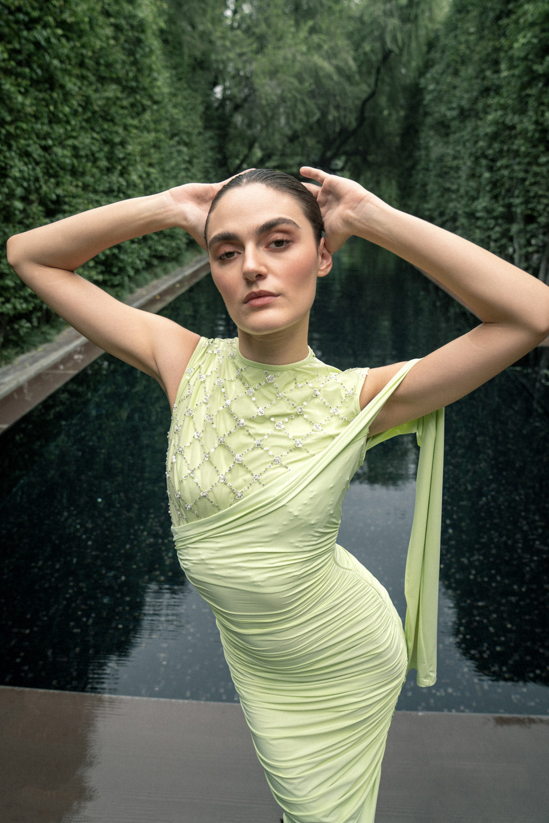 PASTEL LIME DRAPED GOWN