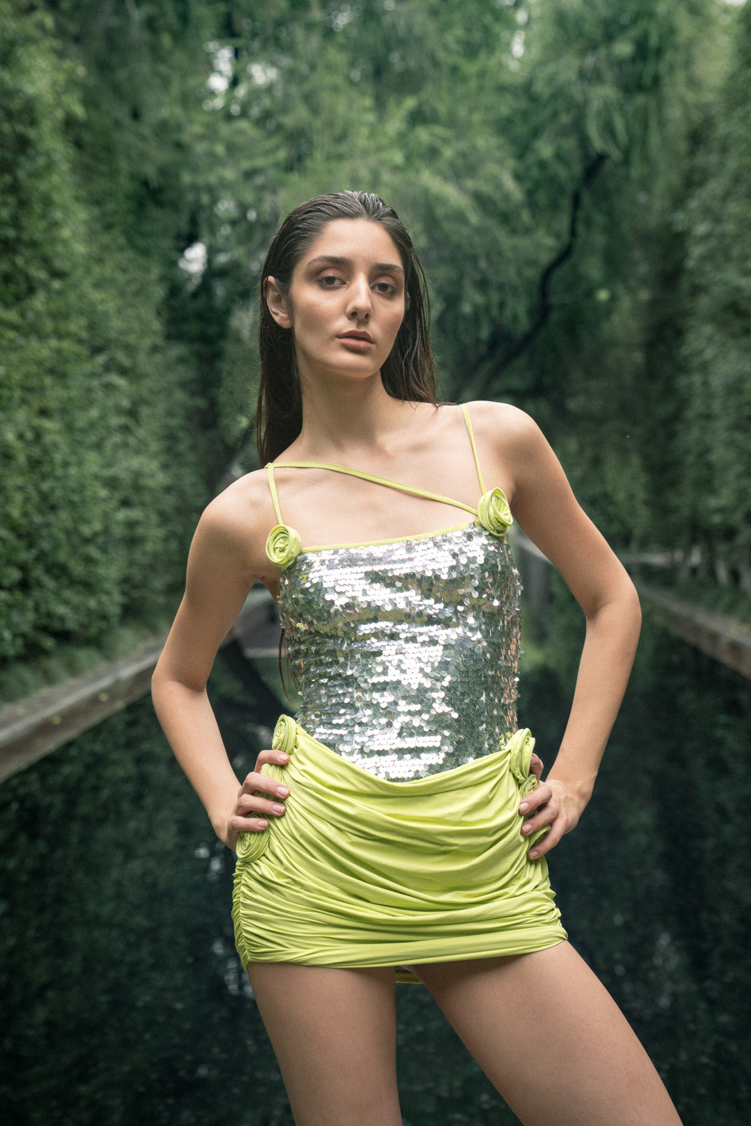 GREEN SEQUIN MINI DRESS