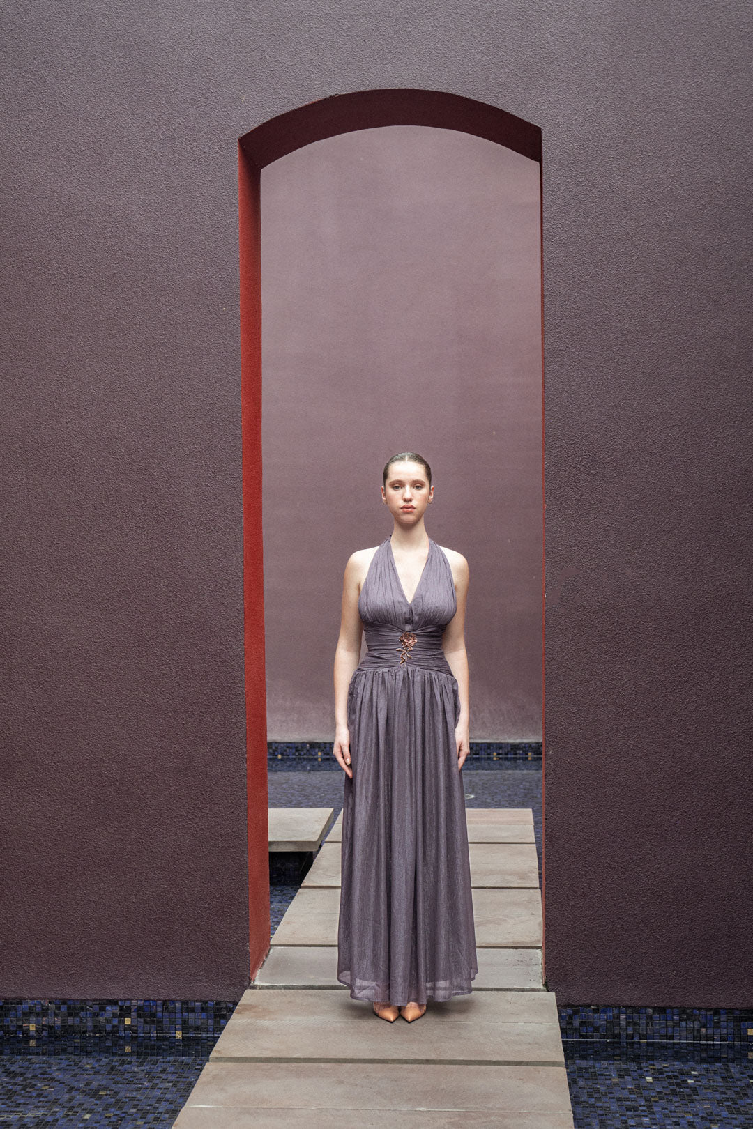 BROWN GATHERED HALTER GOWN WITH WAIST DETAIL