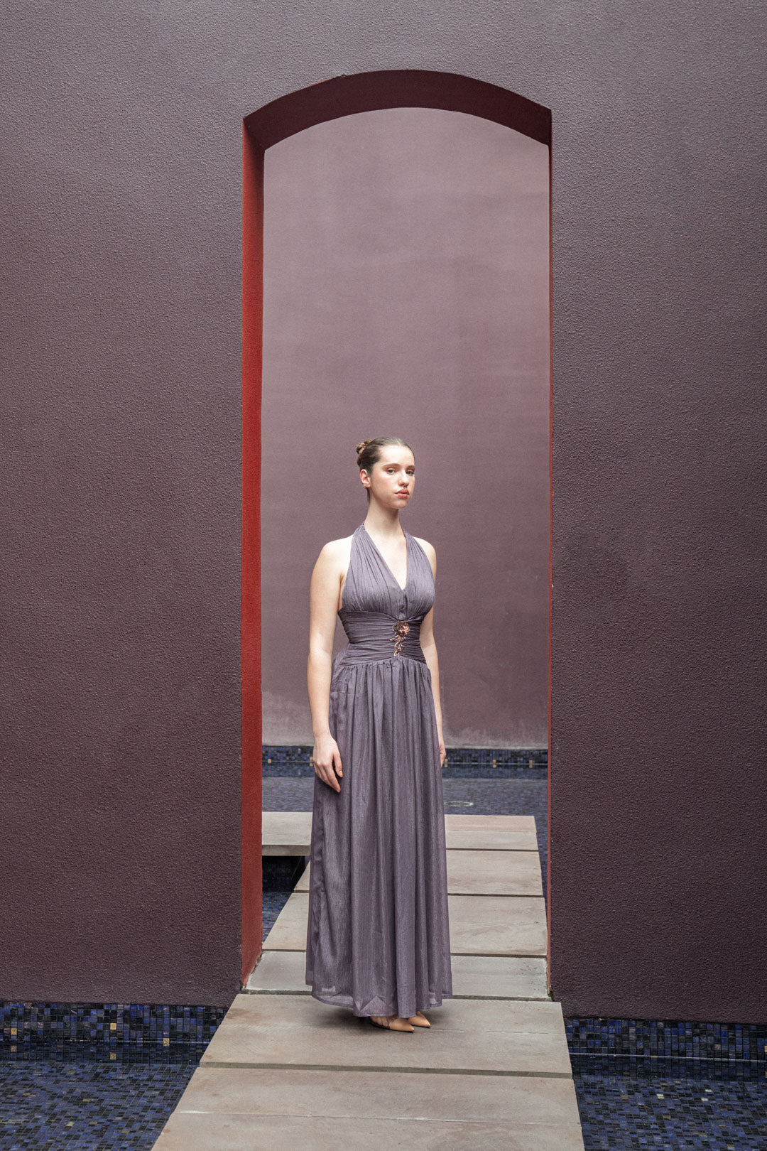 BROWN GATHERED HALTER GOWN WITH WAIST DETAIL