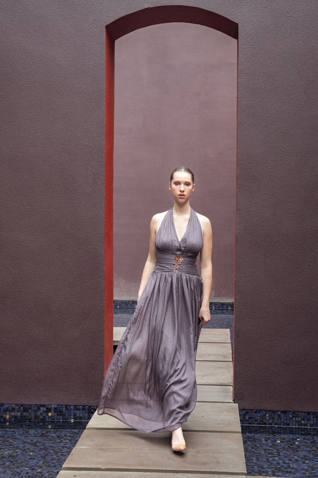 BROWN GATHERED HALTER GOWN WITH WAIST DETAIL