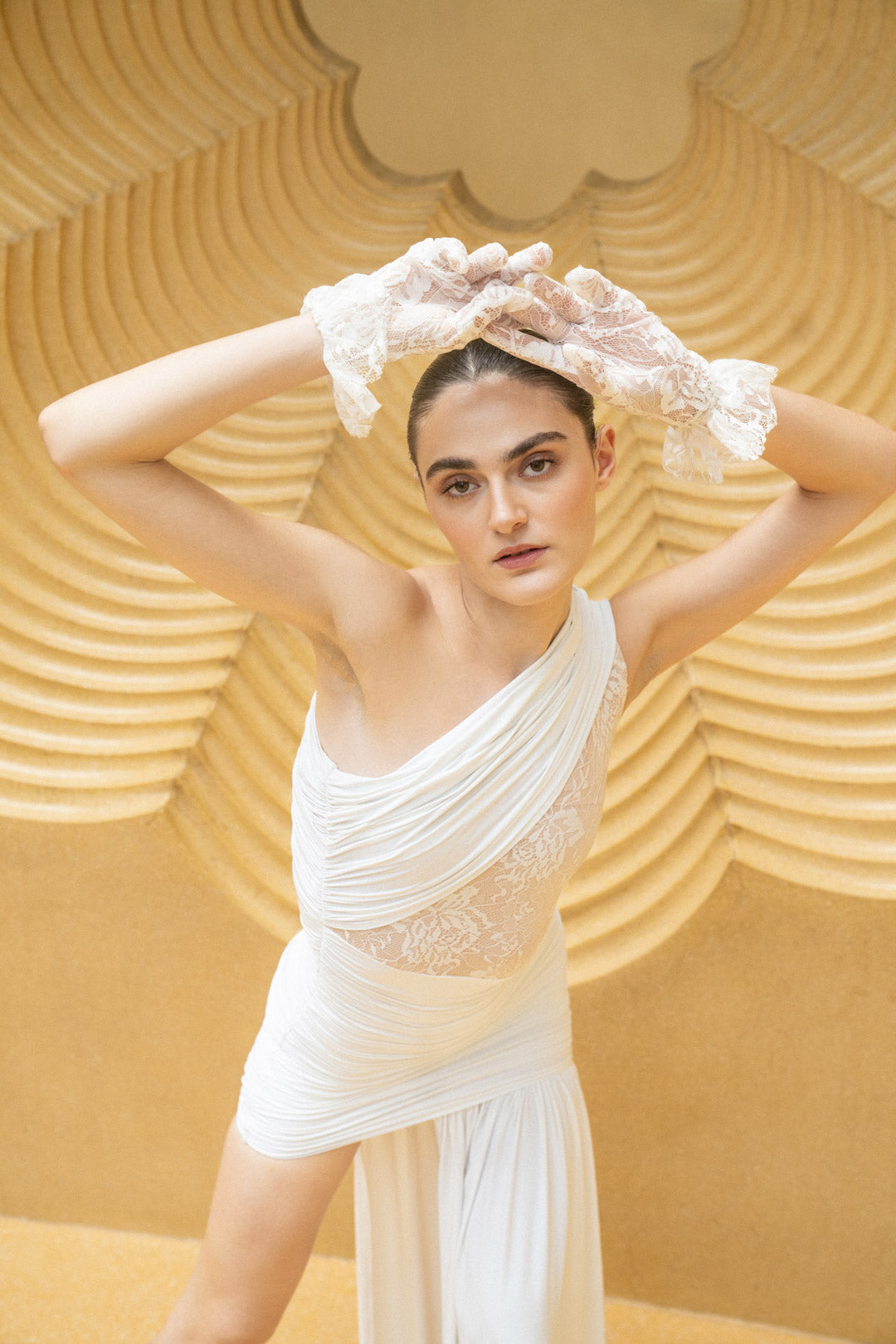 WHITE ASYMMETRIC DRAPED DRESS WITH GLOVES