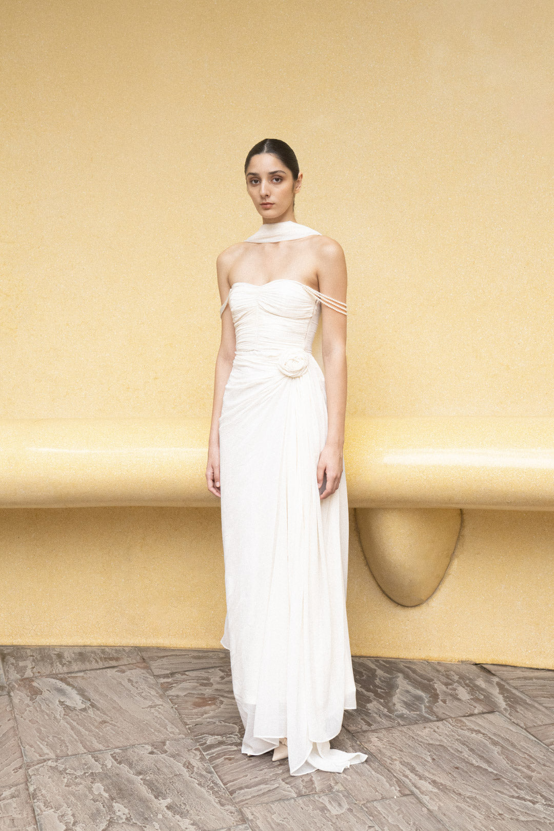 IVORY DRAPED GOWN WITH OFF-SHOULDER PEARL STRAPS