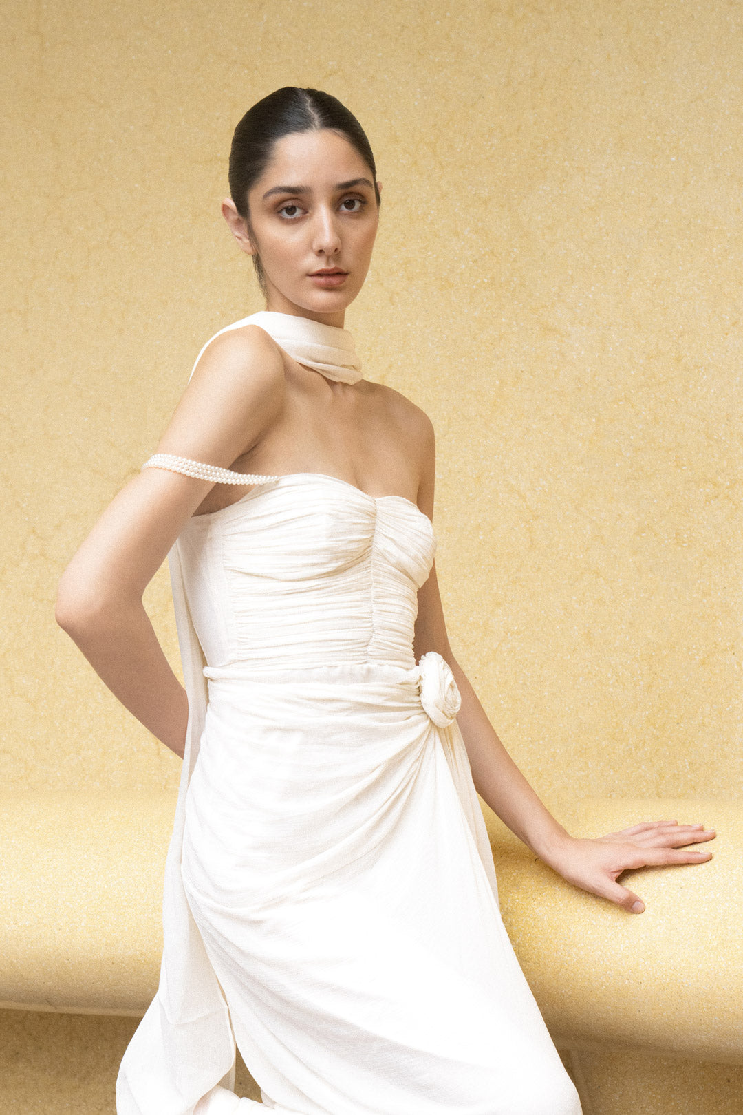 IVORY DRAPED GOWN WITH OFF-SHOULDER PEARL STRAPS