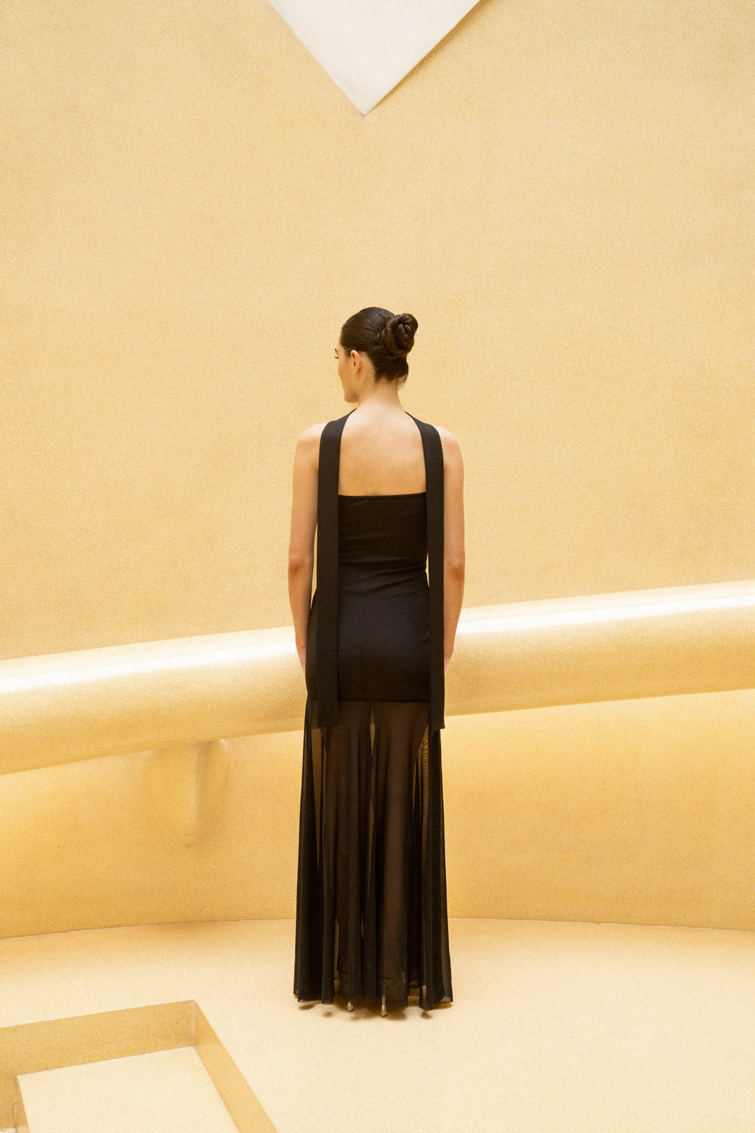 BLACK STRAPLESS SHEER PANEL GOWN WITH GOLD EMBROIDERY