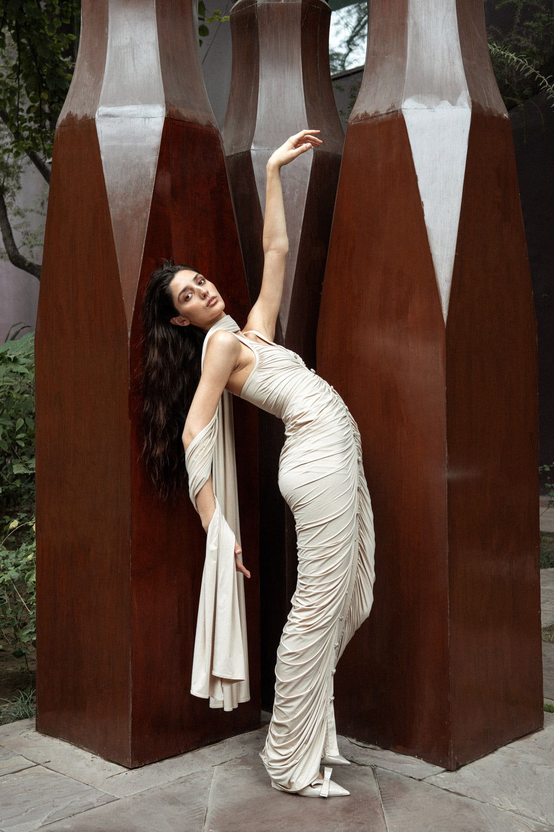 BEIGE RUCHED GOWN WITH DUPATTA