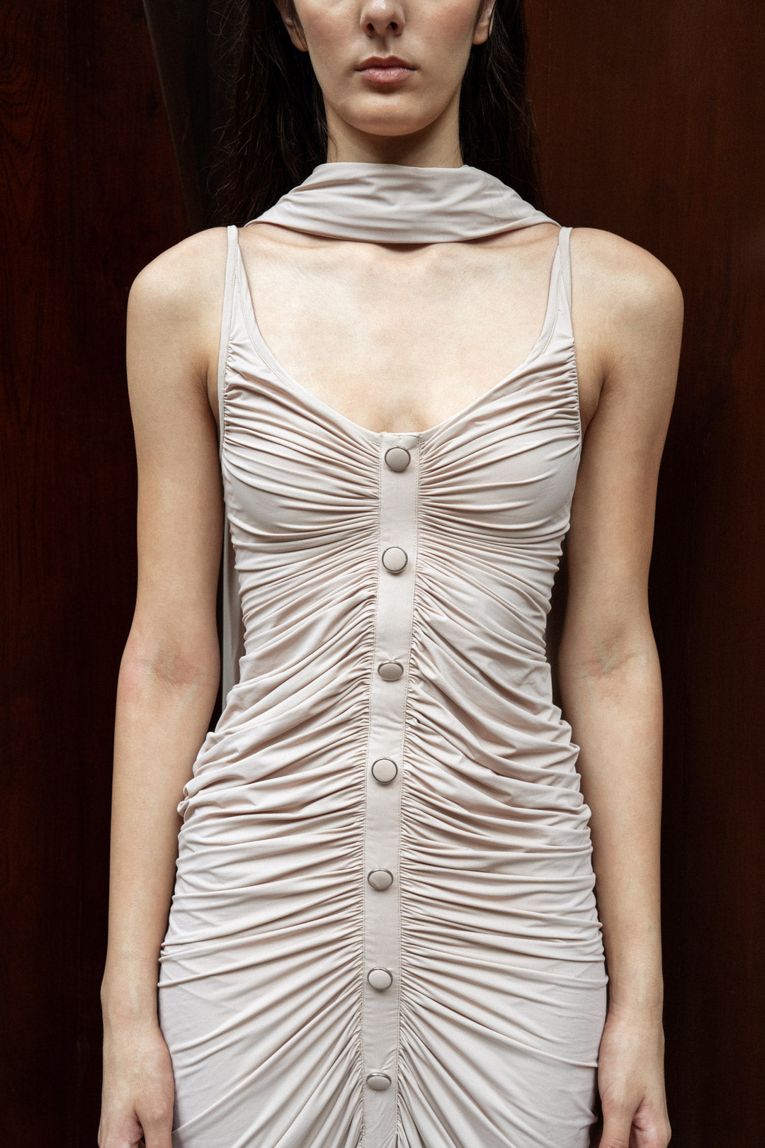 BEIGE RUCHED GOWN WITH DUPATTA