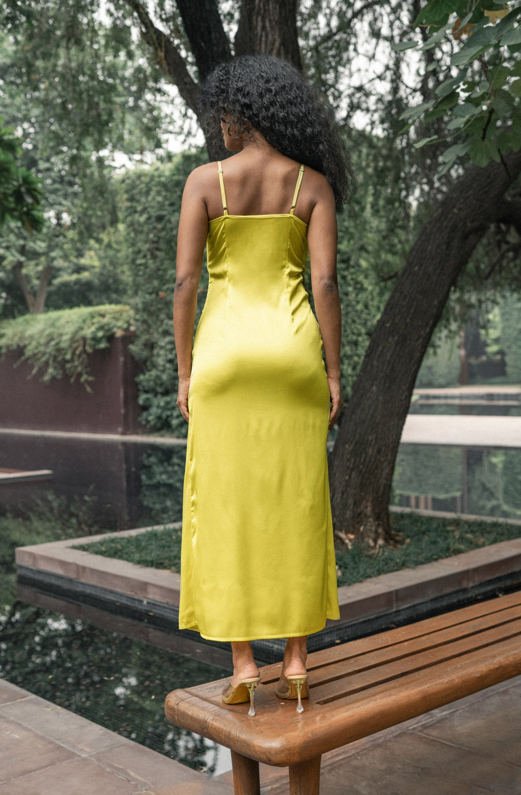 LEMON YELLOW DRAPED MIDI DRESS WITH LACE DETAIL