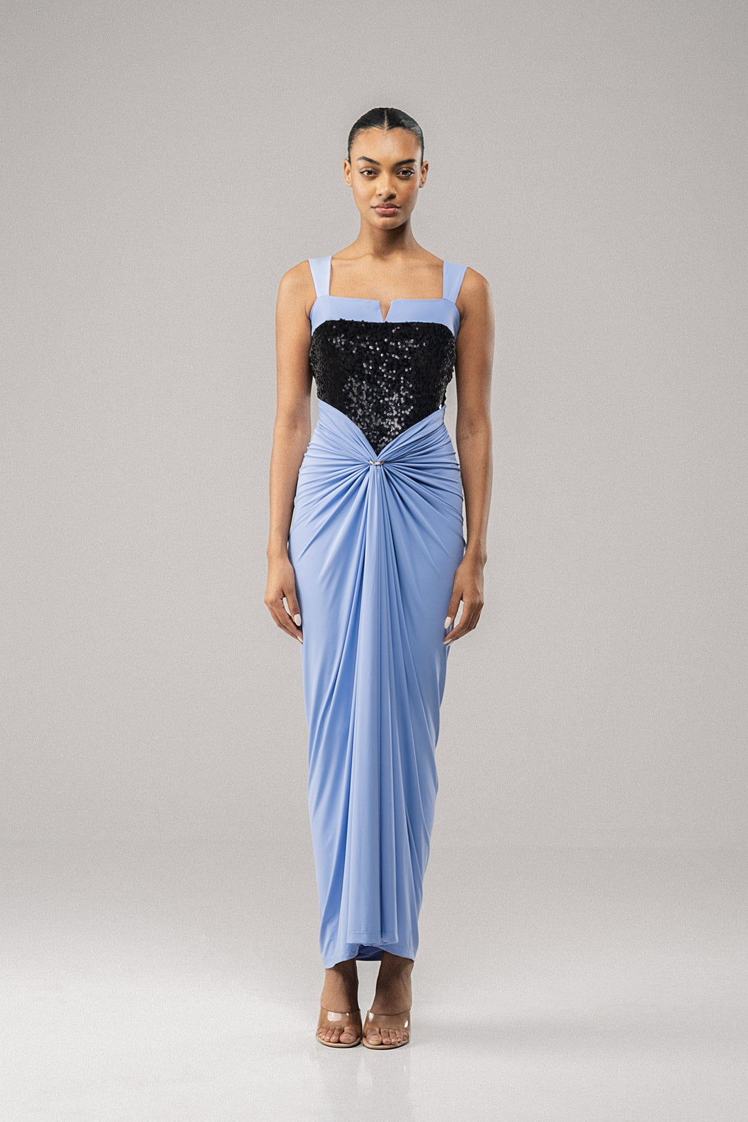 RUCHE SEQUIN-BODICE DRAPED DRESS