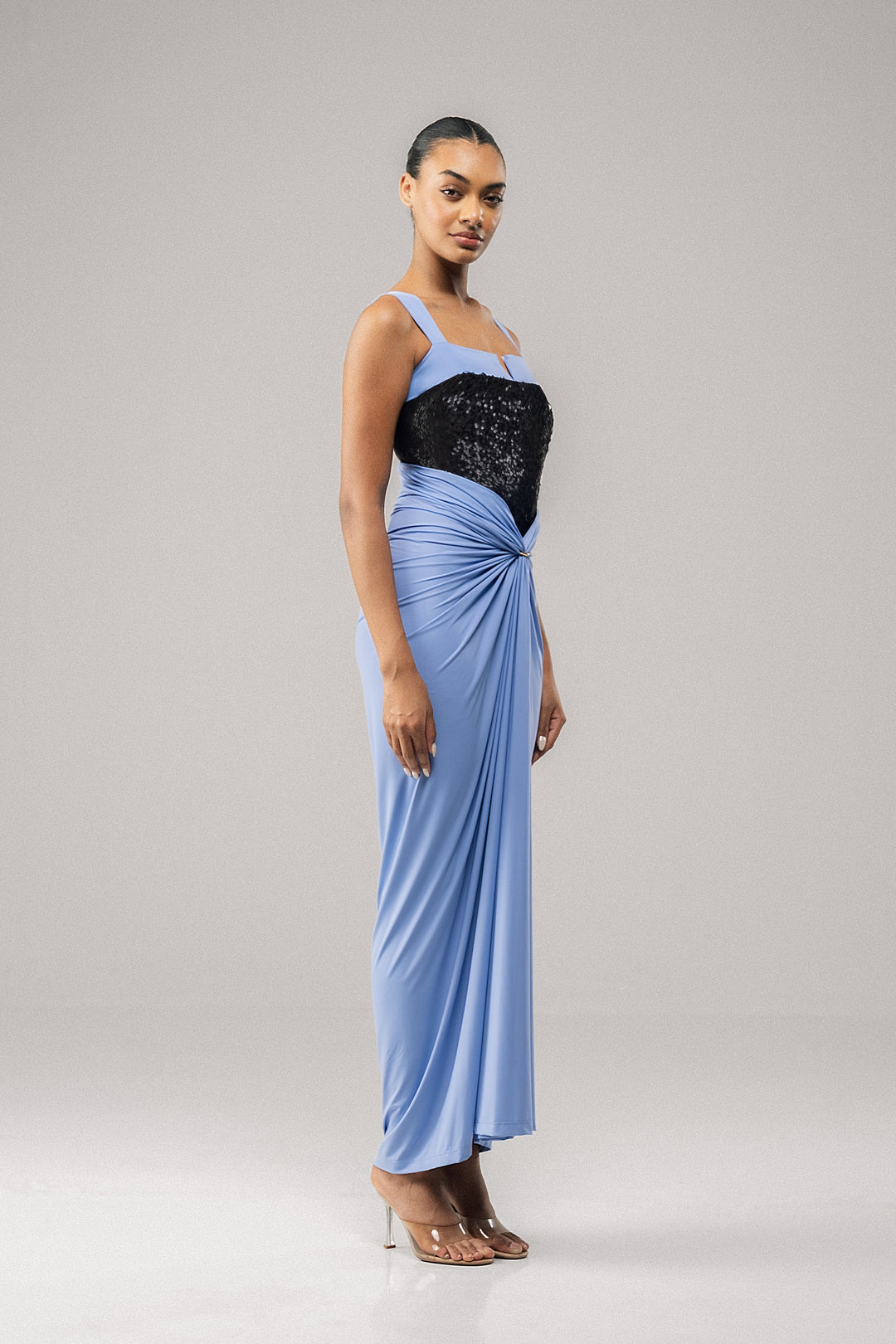 RUCHE SEQUIN-BODICE DRAPED DRESS