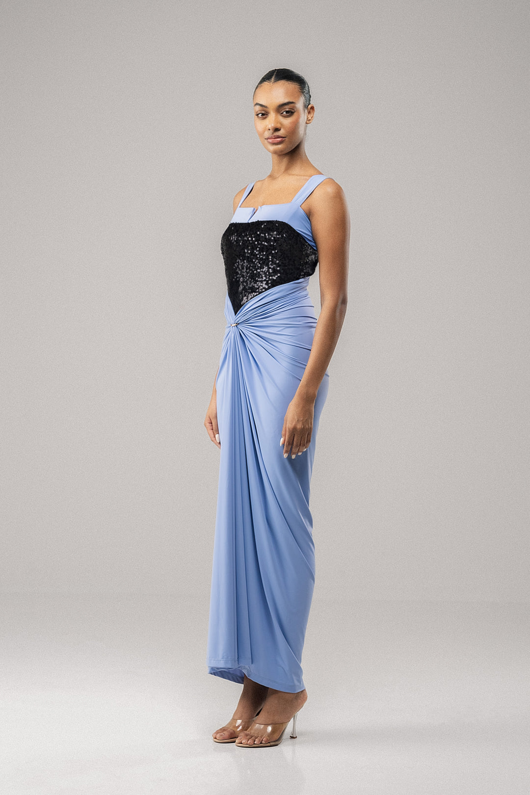 RUCHE SEQUIN-BODICE DRAPED DRESS