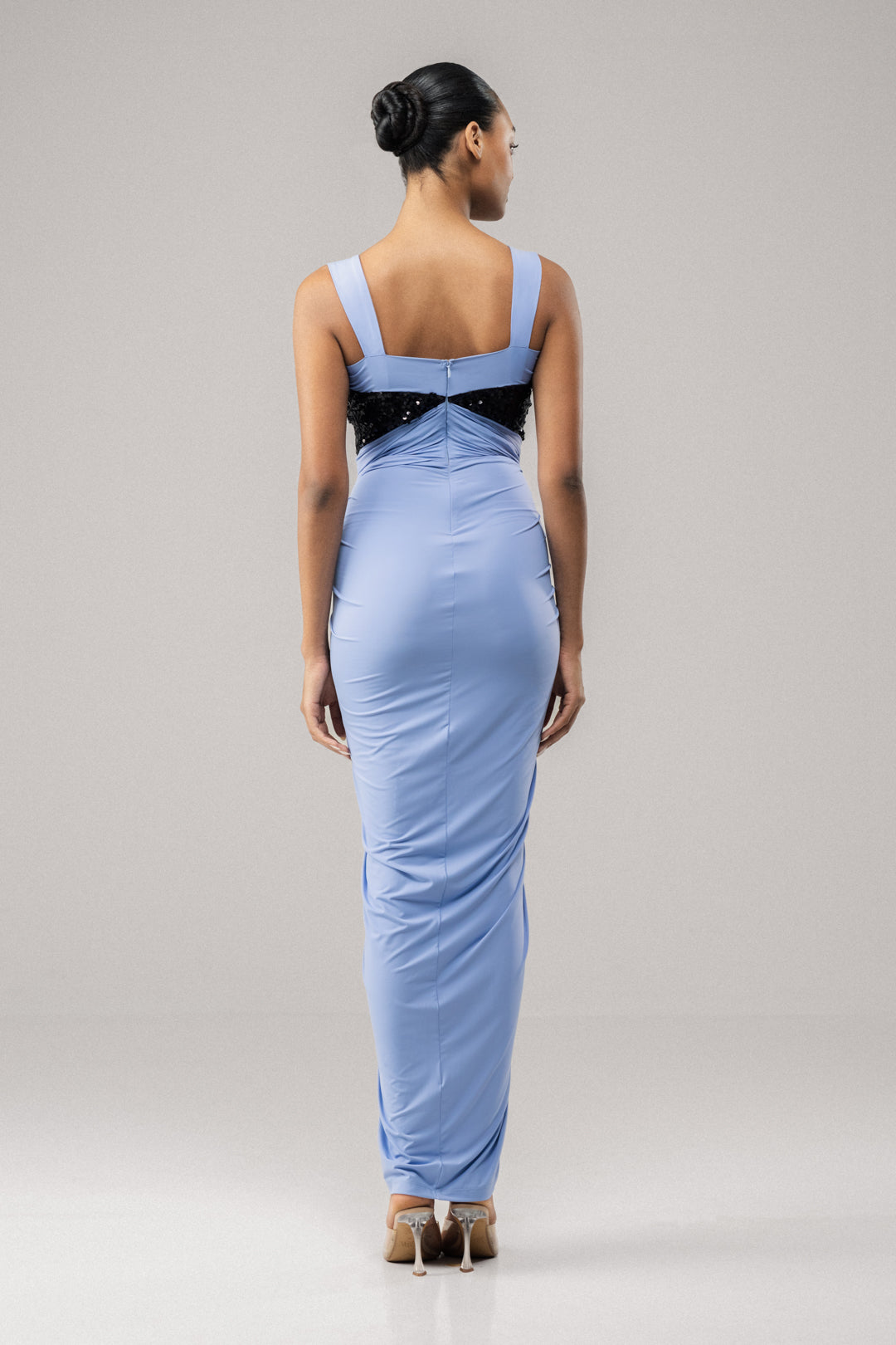 RUCHE SEQUIN-BODICE DRAPED DRESS