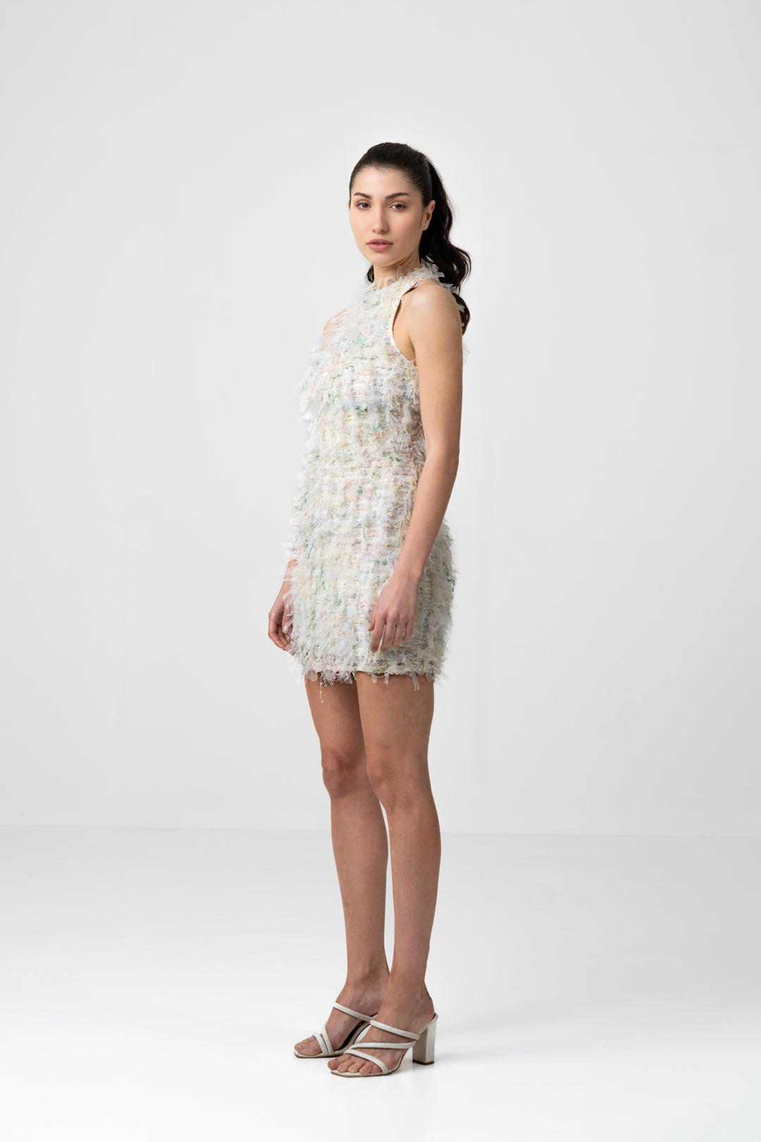 SELF DESIGN SMOCKED HALTER NECK MINI DRESS