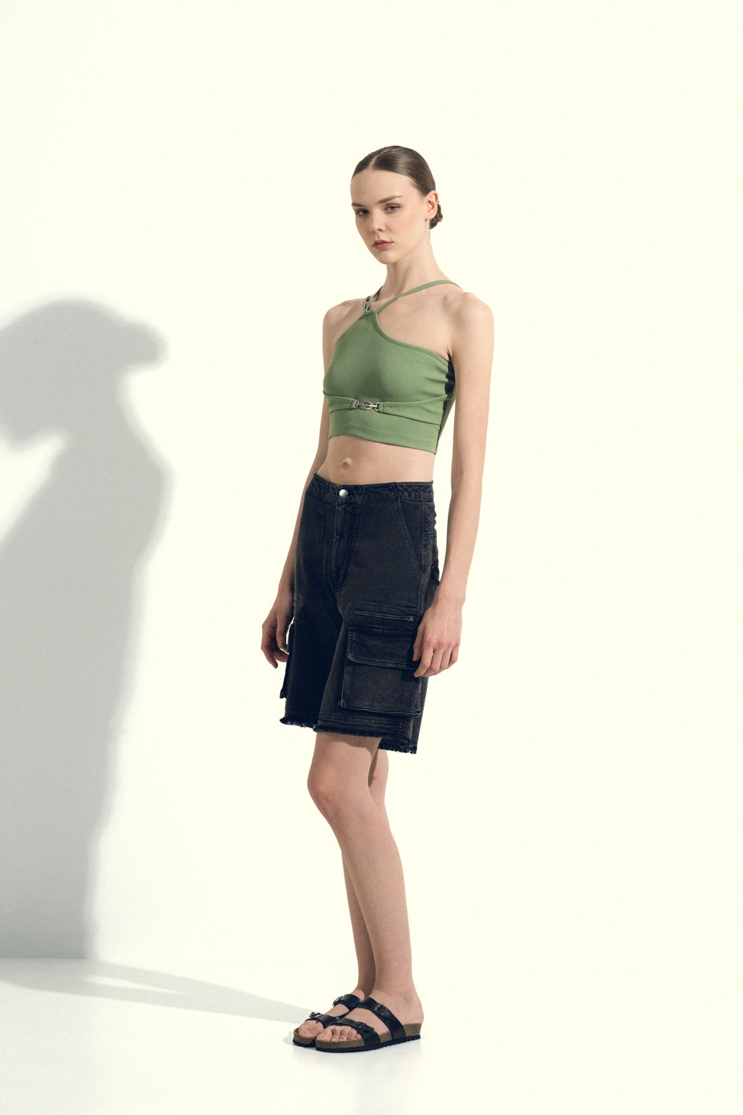 UTILITY POCKET BLACK DENIM SHORTS