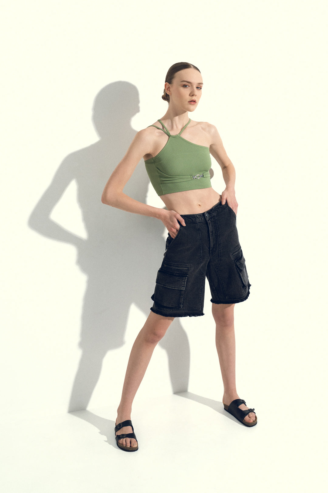 UTILITY POCKET BLACK DENIM SHORTS