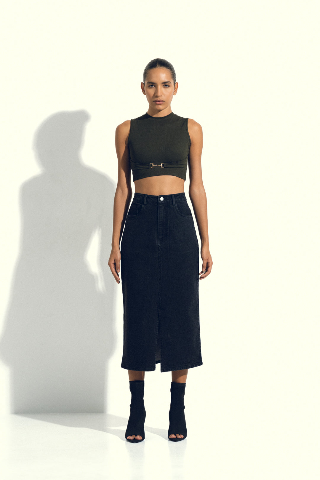 BLACK DENIM MIDI SKIRT WITH SLIT