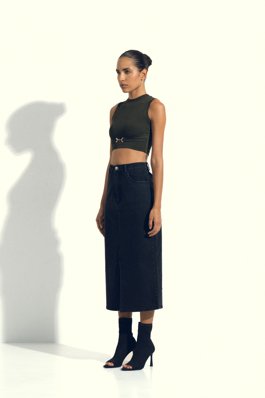BLACK DENIM MIDI SKIRT WITH SLIT