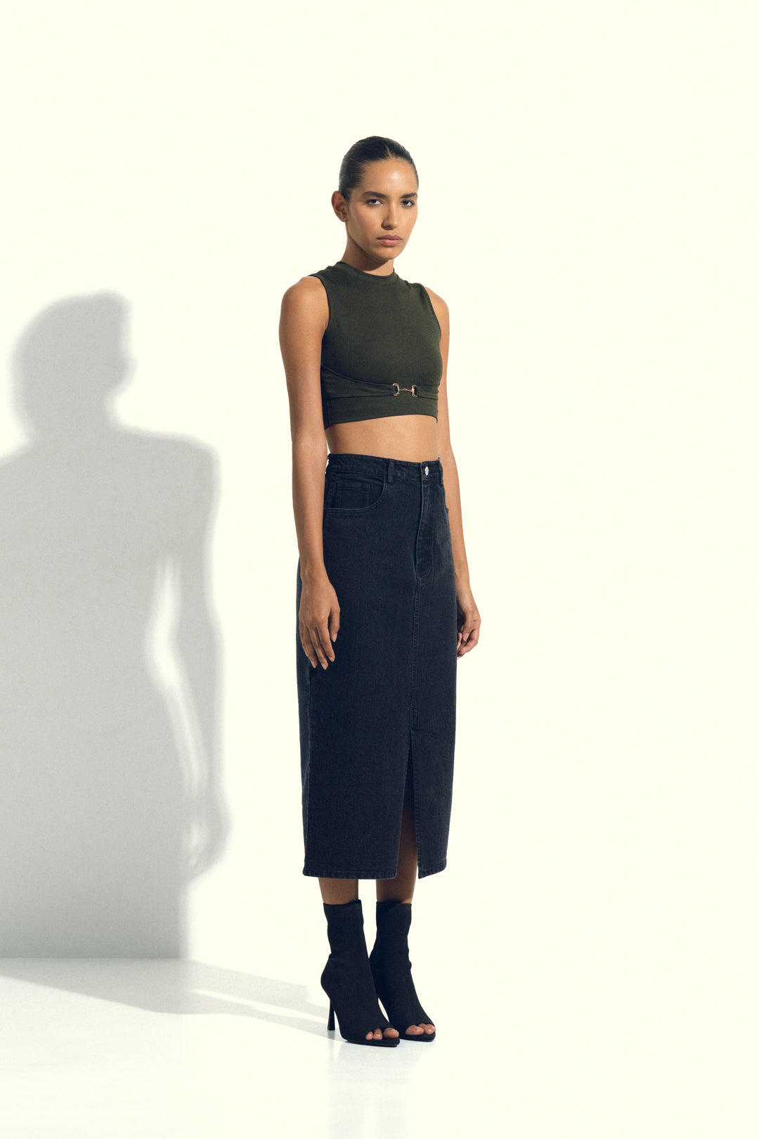 BLACK DENIM MIDI SKIRT WITH SLIT