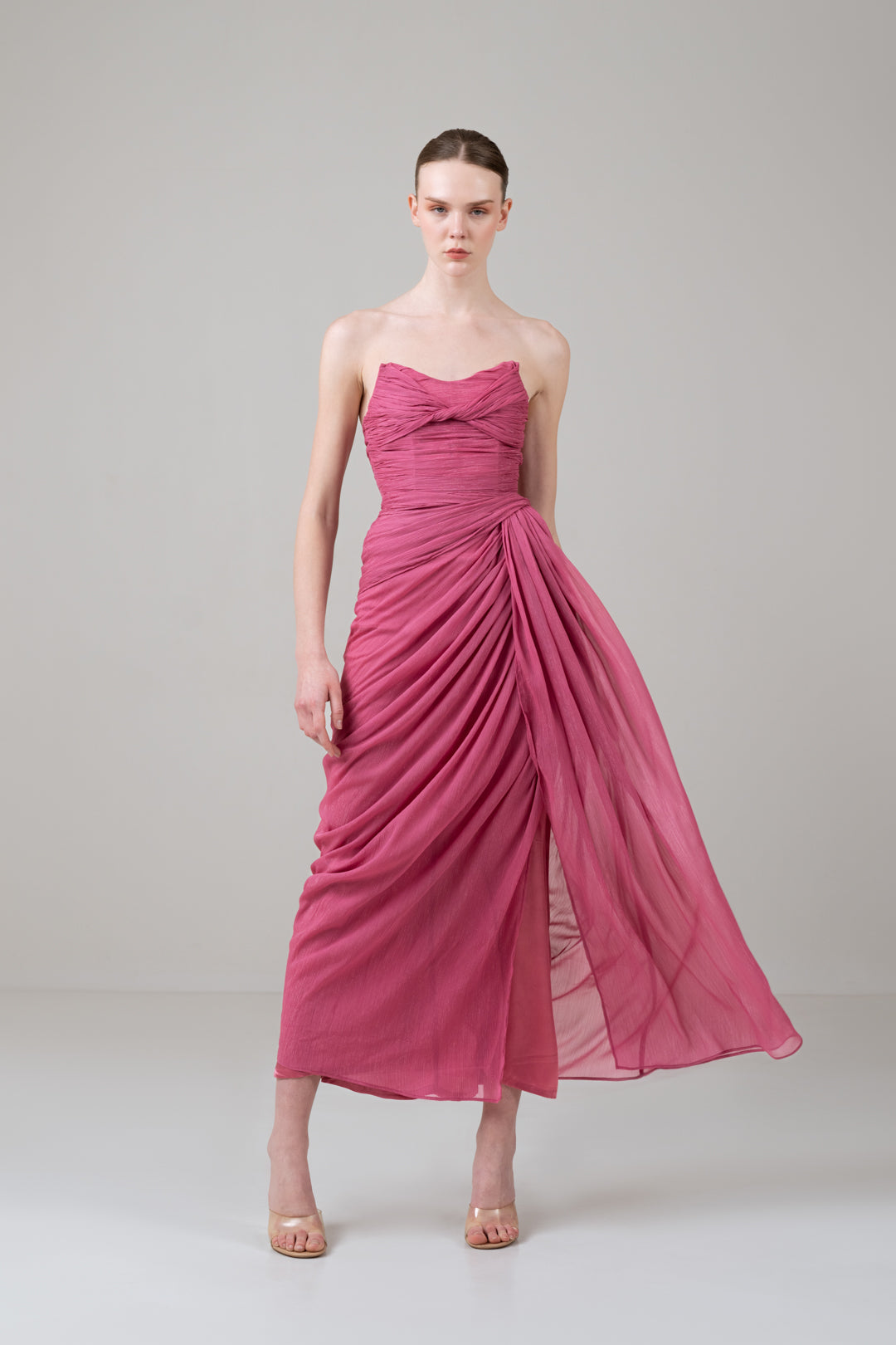 METALLIC PINK DRAPED CORSET DRESS