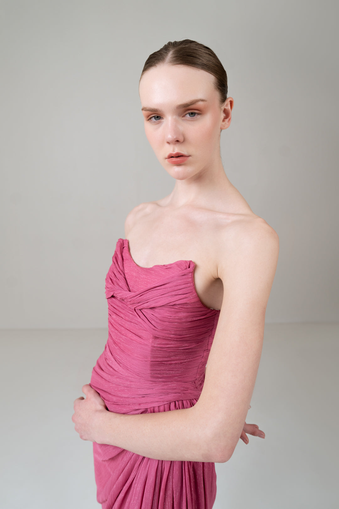 METALLIC PINK DRAPED CORSET DRESS