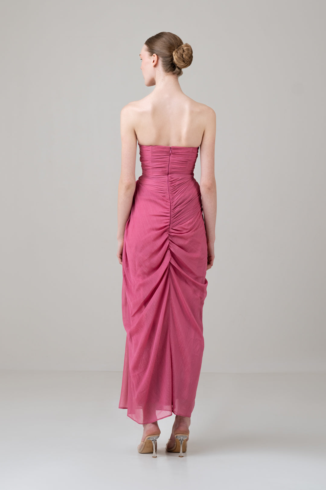 METALLIC PINK DRAPED CORSET DRESS