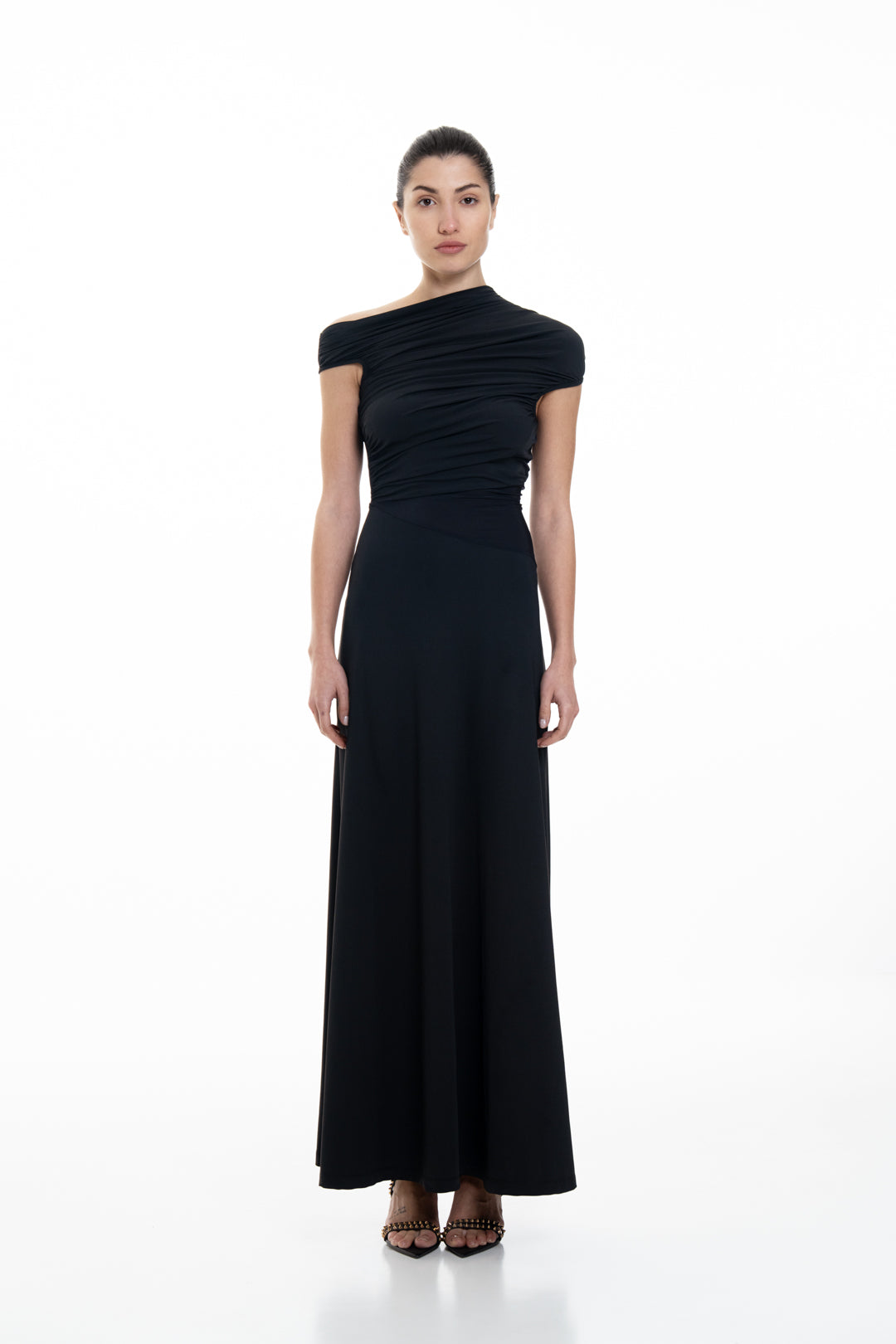 ASYMMETRICAL NECKLINE FLOWY EVENING DRESS