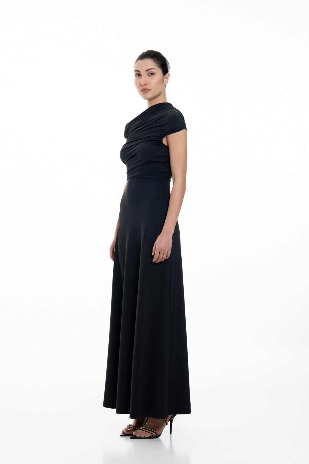 ASYMMETRICAL NECKLINE FLOWY EVENING DRESS