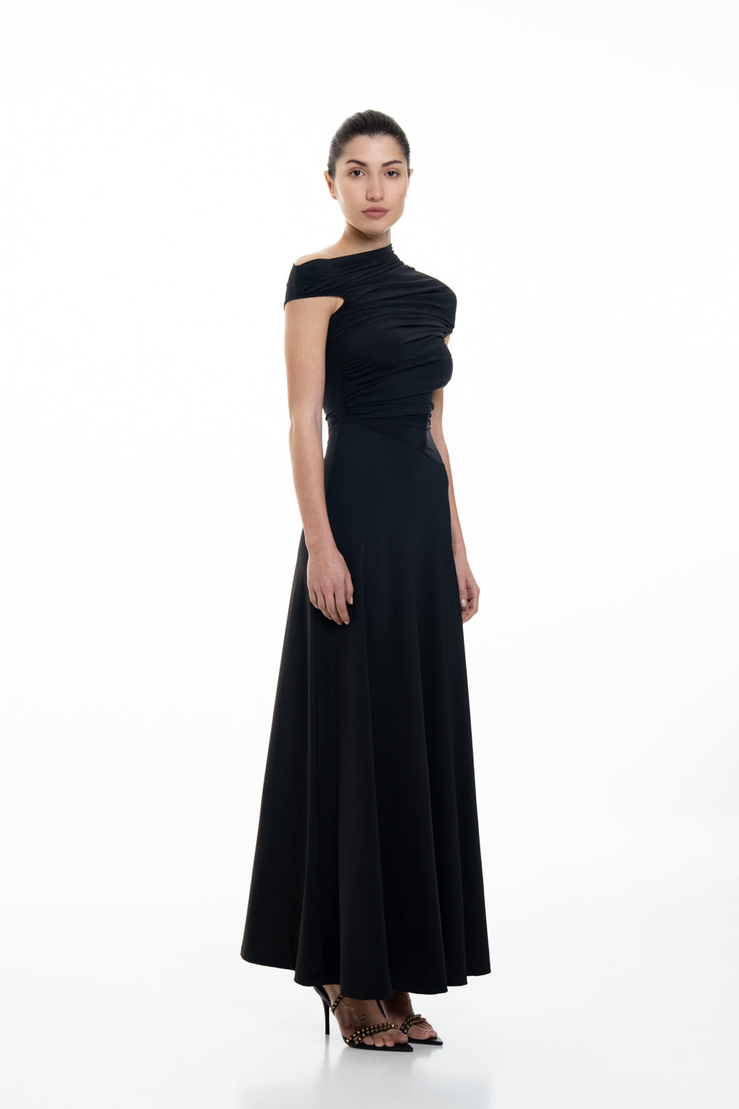 ASYMMETRICAL NECKLINE FLOWY EVENING DRESS