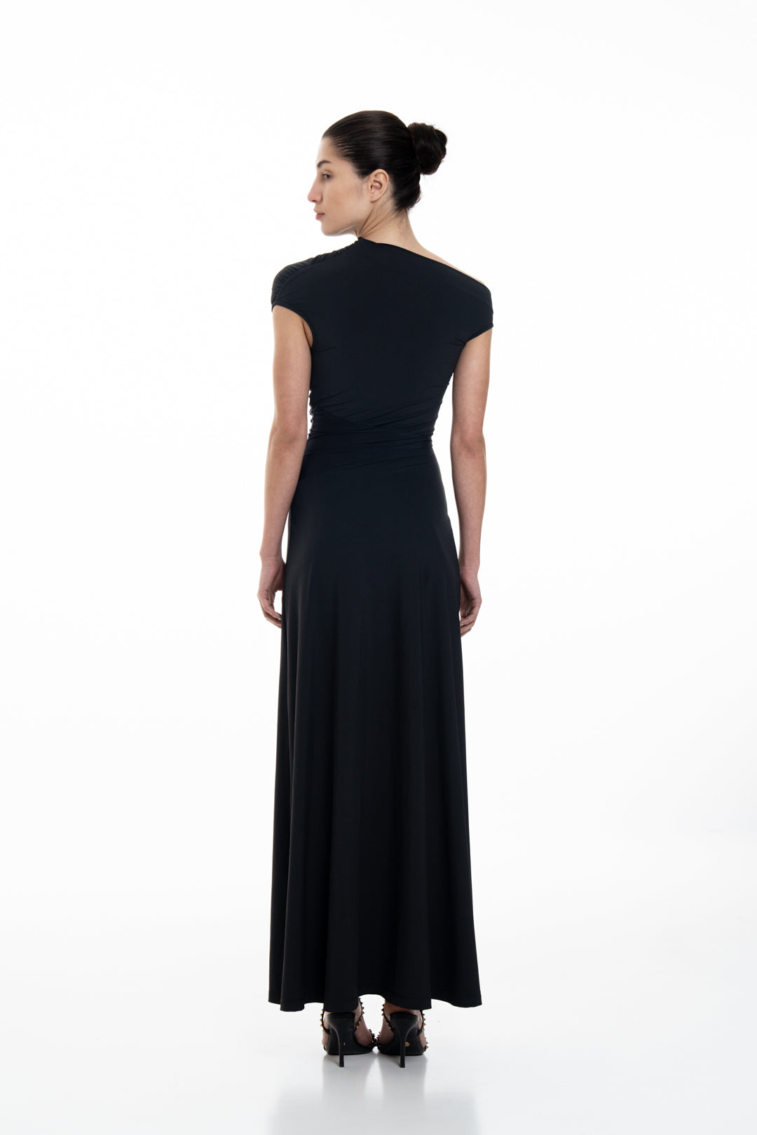 ASYMMETRICAL NECKLINE FLOWY EVENING DRESS