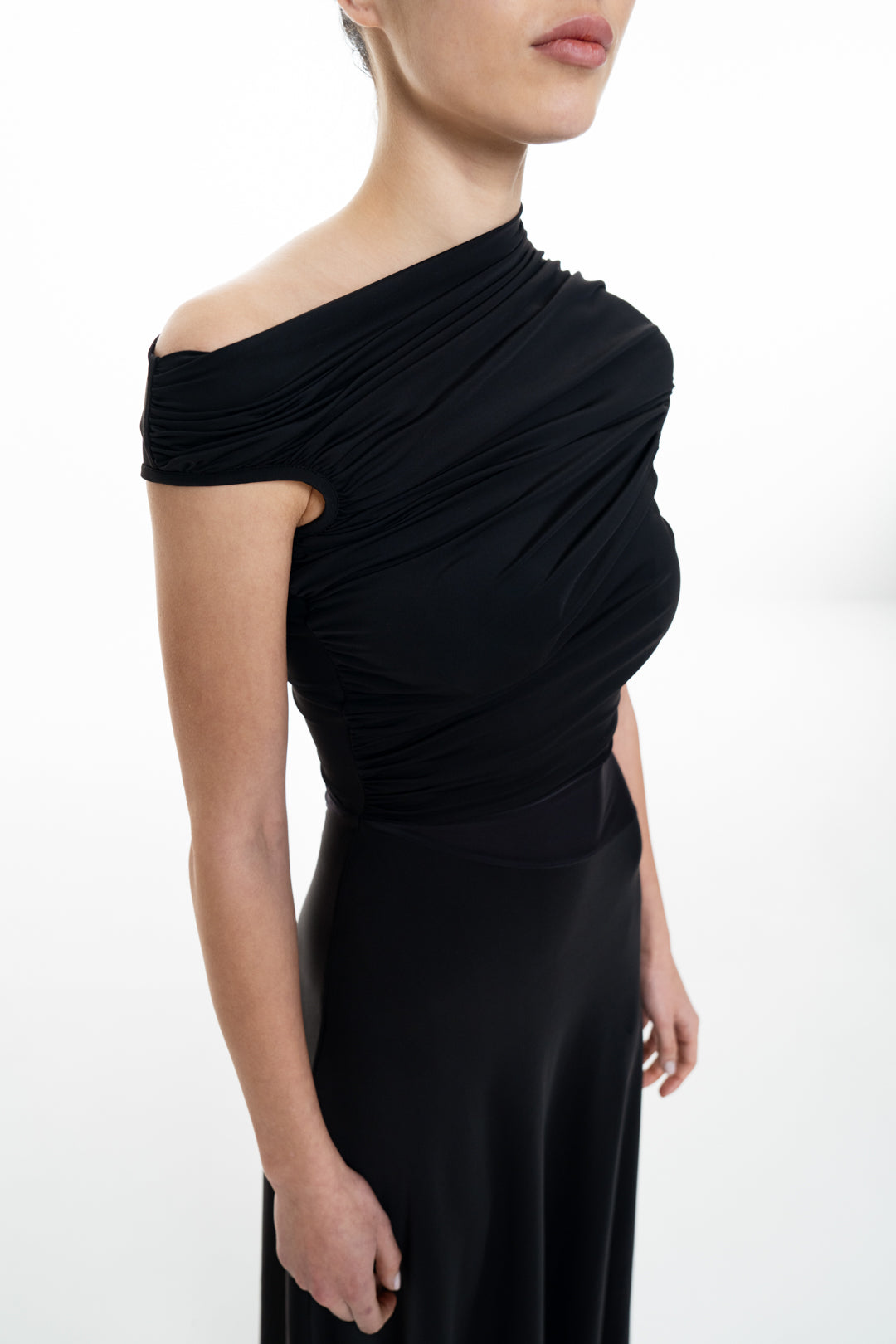ASYMMETRICAL NECKLINE FLOWY EVENING DRESS