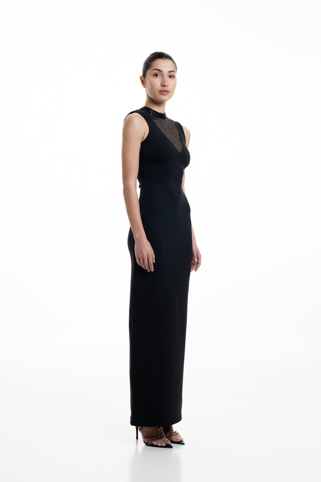 LONG NECKLINE BLACK SEQUIN BODYCON DRESS