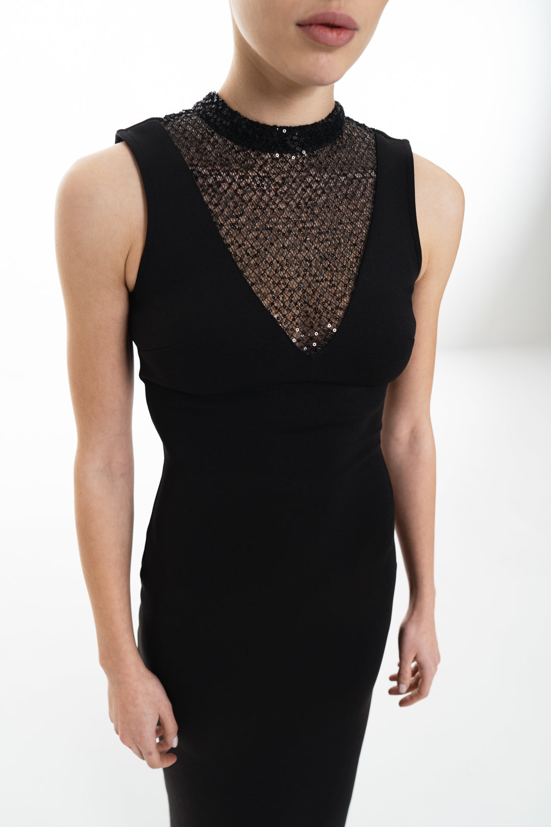 LONG NECKLINE BLACK SEQUIN BODYCON DRESS