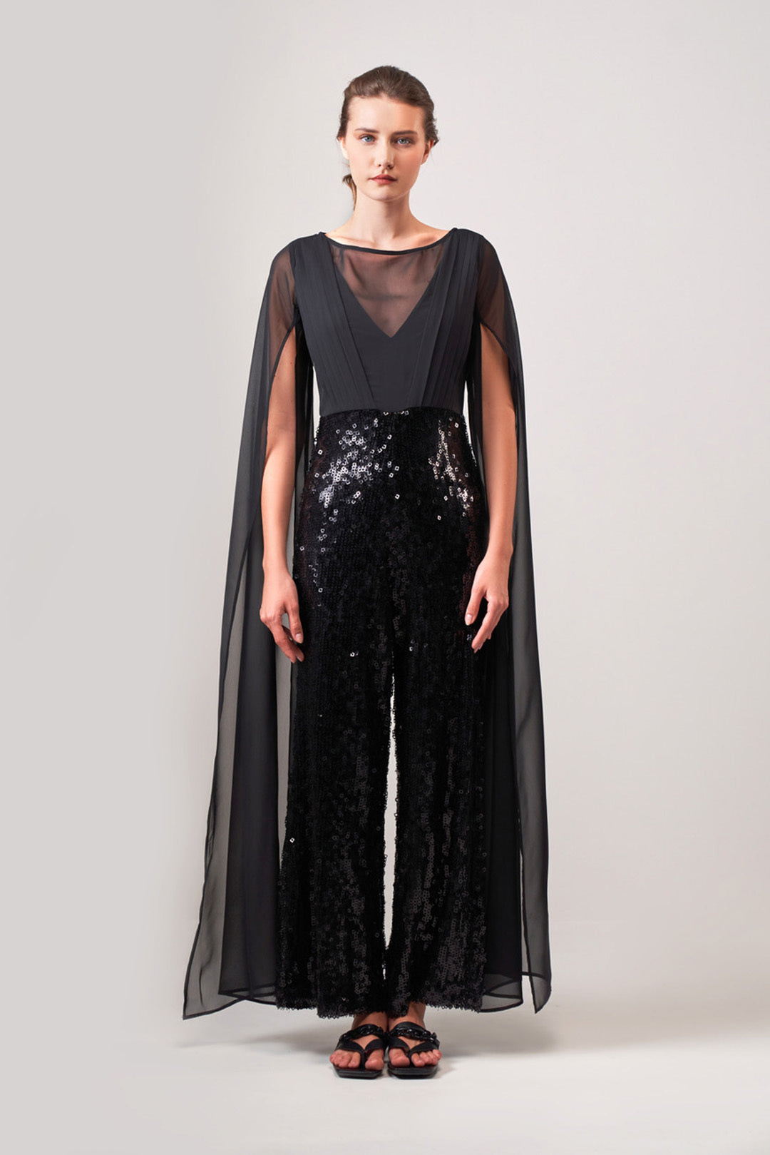 BLACK SEQUIN CAPE JUMPSUIT