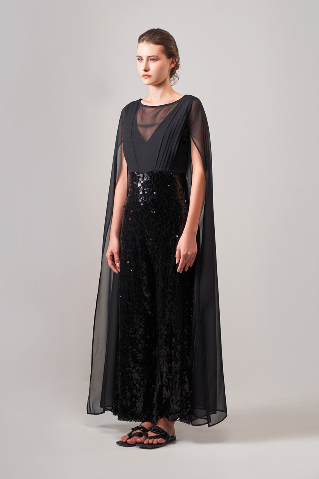 BLACK SEQUIN CAPE JUMPSUIT