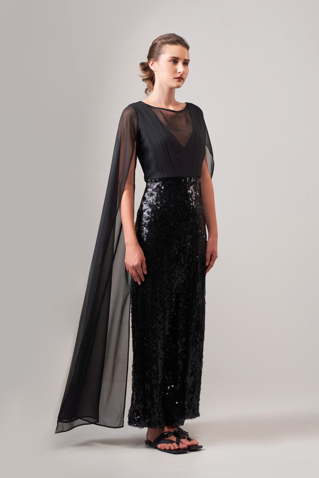 BLACK SEQUIN CAPE JUMPSUIT