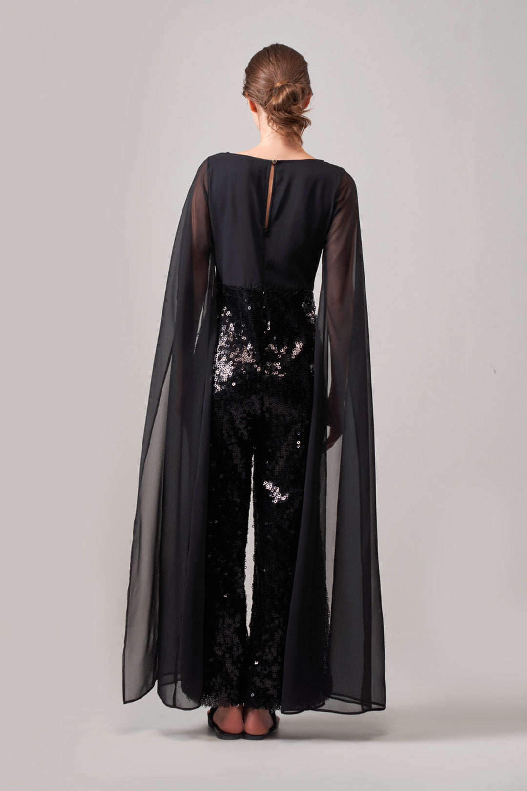 BLACK SEQUIN CAPE JUMPSUIT