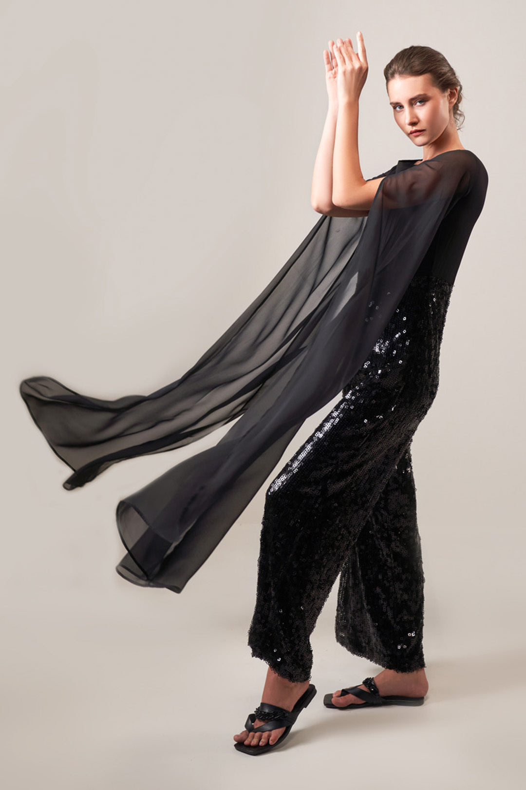 BLACK SEQUIN CAPE JUMPSUIT
