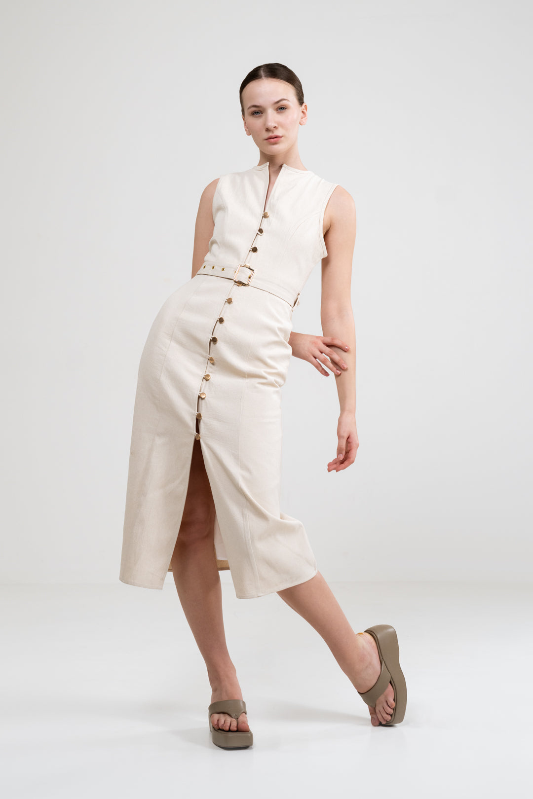 A-LINE BUTTON UP BEIGE DRESS WITH BELT