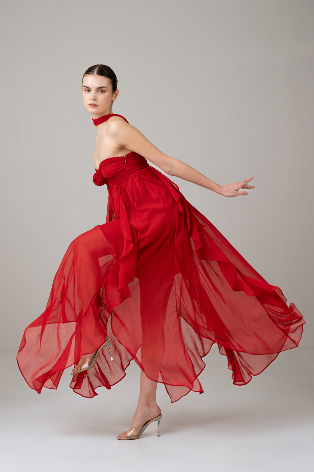 RED RUFFLE TUBE DRESS WITH ROSE DETAIL