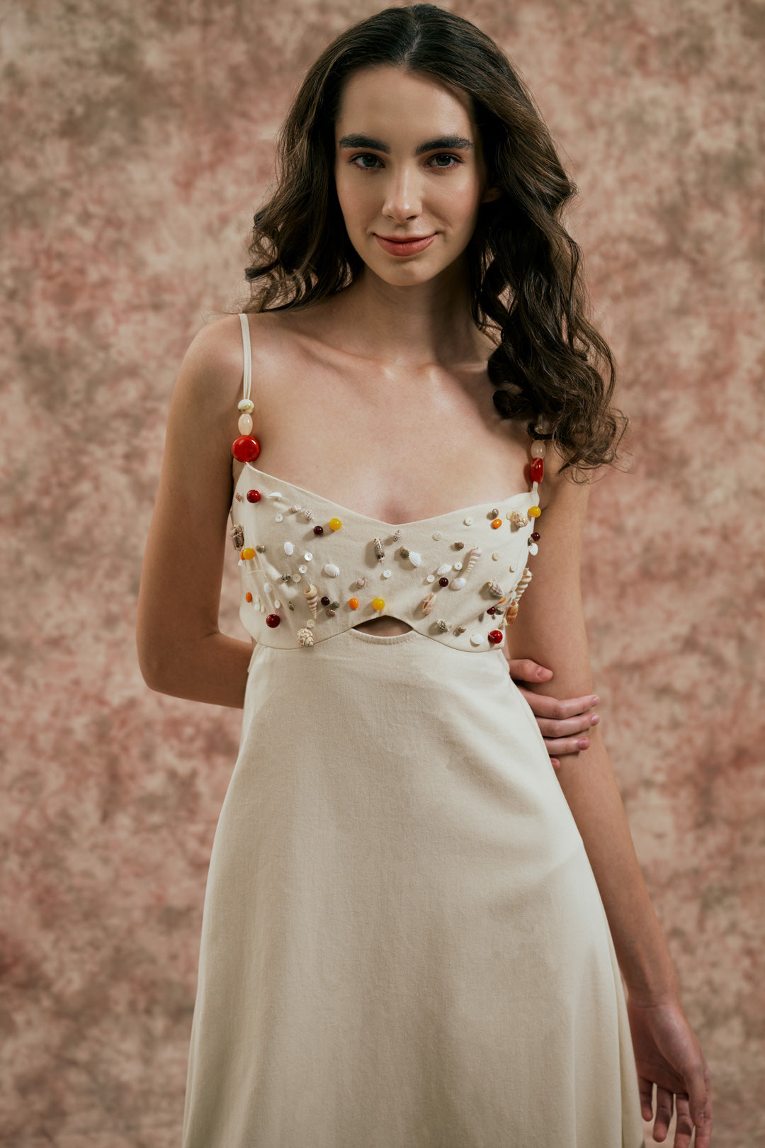 IVORY DRESS WITH SEASHELL AND BEAD DETAIL