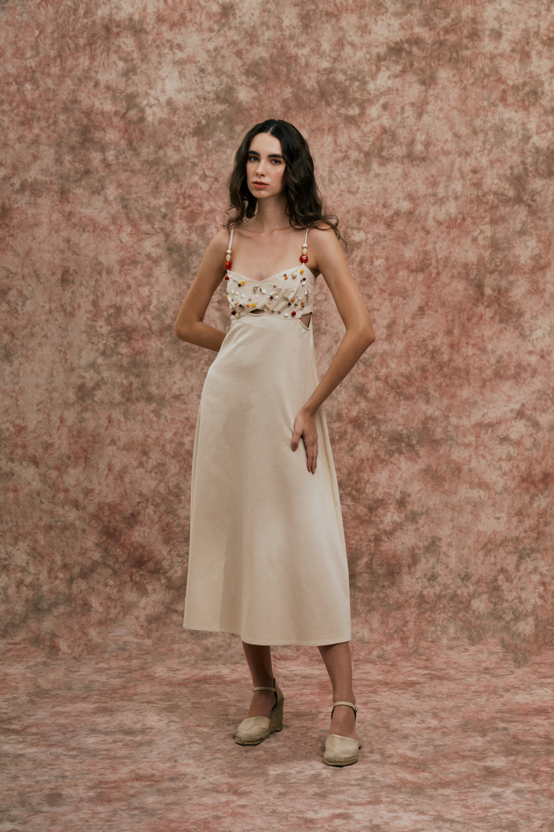 IVORY DRESS WITH SEASHELL AND BEAD DETAIL