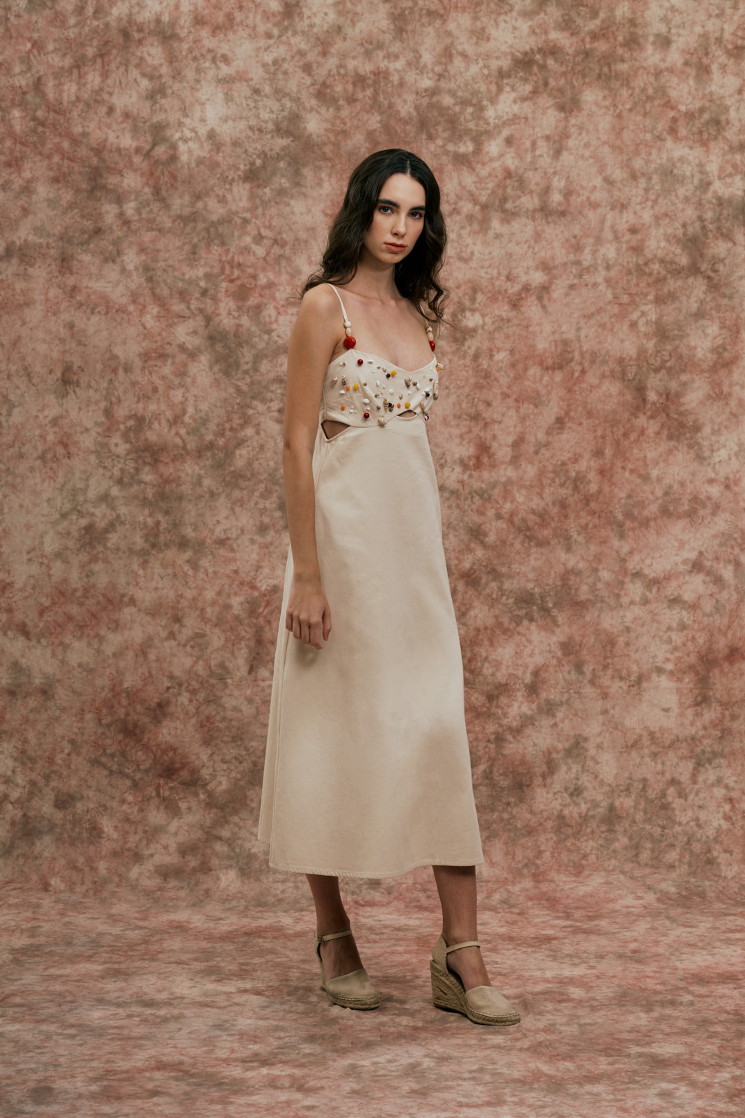 IVORY DRESS WITH SEASHELL AND BEAD DETAIL