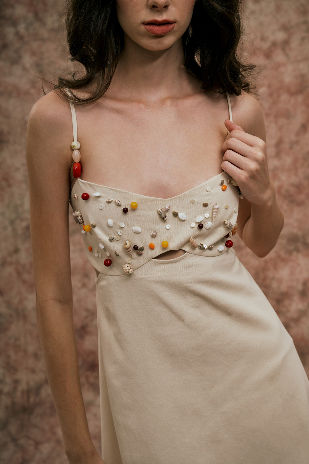 IVORY DRESS WITH SEASHELL AND BEAD DETAIL