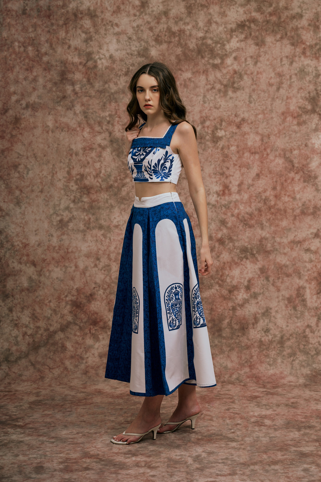 BLUE & WHITE STRUCTURED CROP TOP AND SKIRT SET