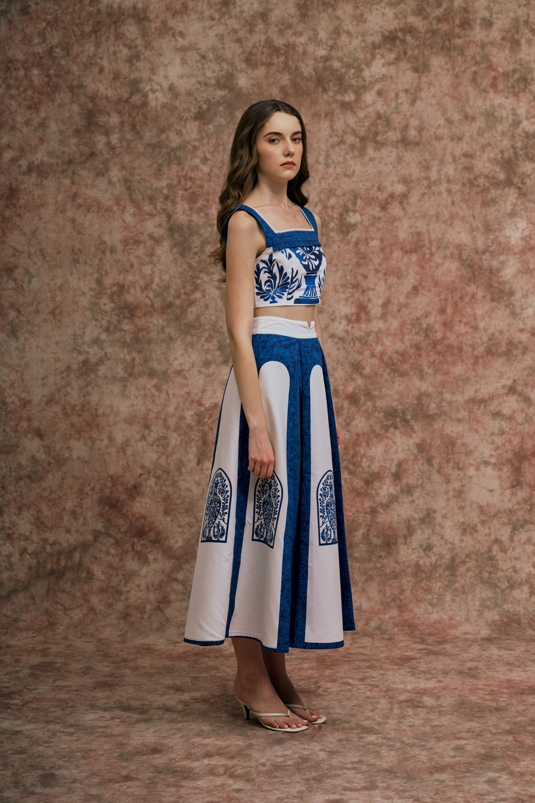 BLUE & WHITE STRUCTURED CROP TOP AND SKIRT SET