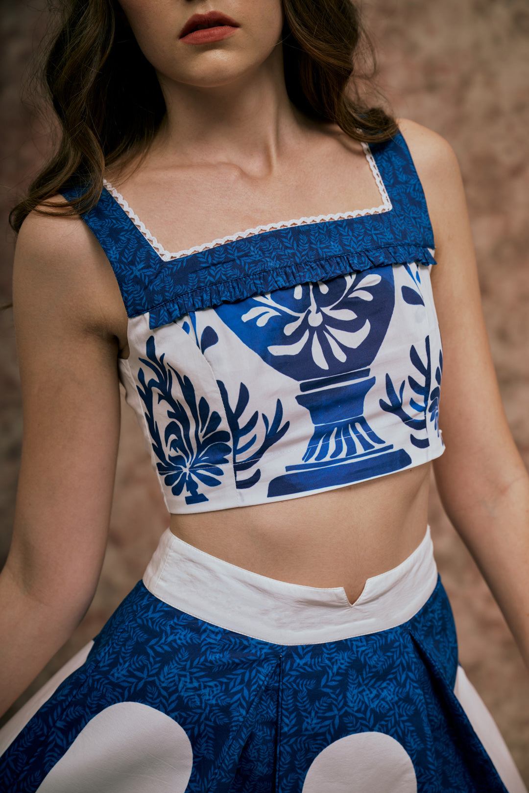 BLUE & WHITE STRUCTURED CROP TOP AND SKIRT SET