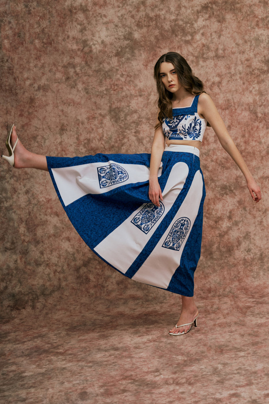 BLUE & WHITE STRUCTURED CROP TOP AND SKIRT SET