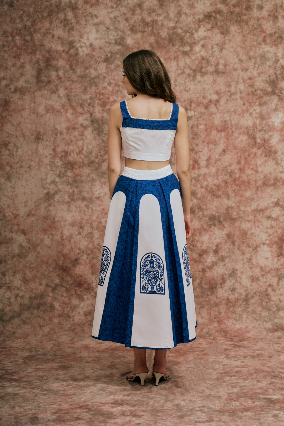 BLUE & WHITE STRUCTURED CROP TOP AND SKIRT SET